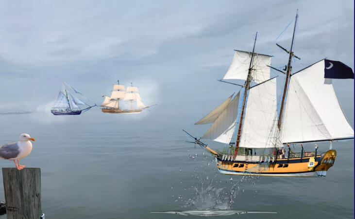 Reconstructed view of the original battle using photos of modern tall-ships